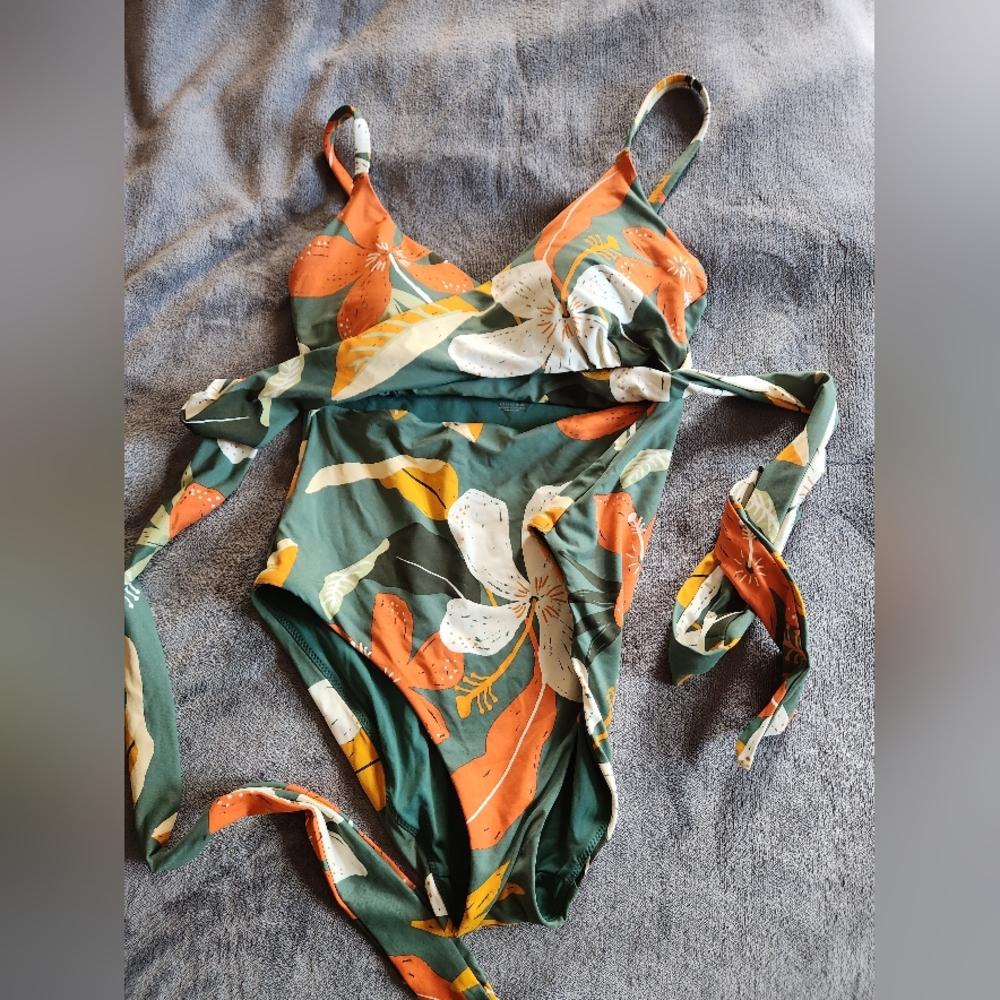 knix Green Floral One-Piece Swimsuit with Orange and White Accents